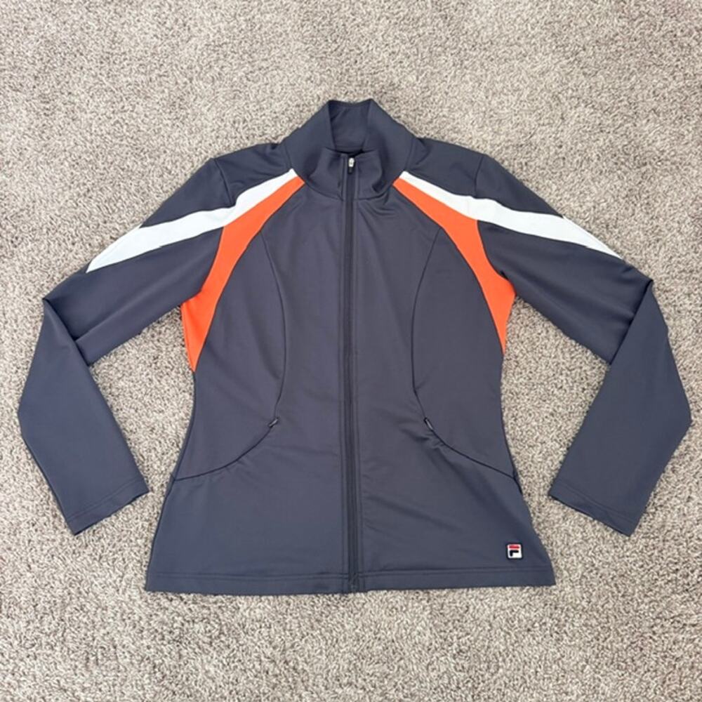 Fila Full Zip Athletic Jacket Gray Mock Neck Color Block Fitted Women's Large